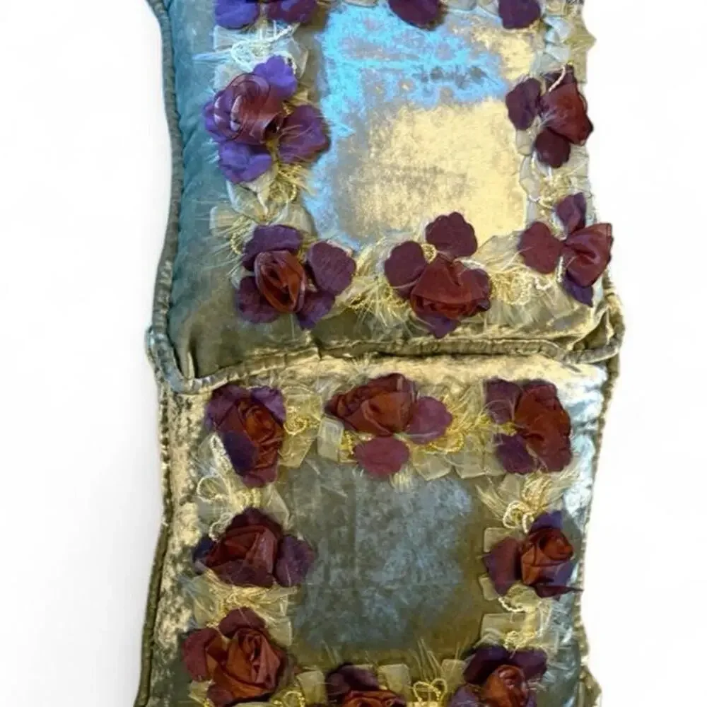 Vintage Decorative Velvet Throw Pillows Pair Floral Ribbon Rose Appliqué (2)